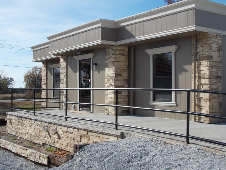 Custom Modular Building with rock accents and trim